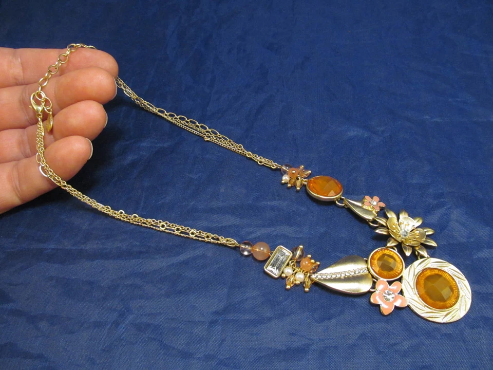 *Collar firmado Robert Rose Lt tono dorado esmalte cuentas floral llamativo Foto 2 de 4