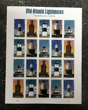 2021USA #5621-5625 Forever Mid Atlantic Lighthouses - Sheet of 20  mint