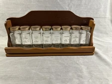 Vintage Wooden Crystal Food Products Spice Rack Set Of 8 Jars Wall Mount