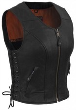 True Element Womens Fitted Side Laced Leather Motorcycle Vest With Zip Front Clo