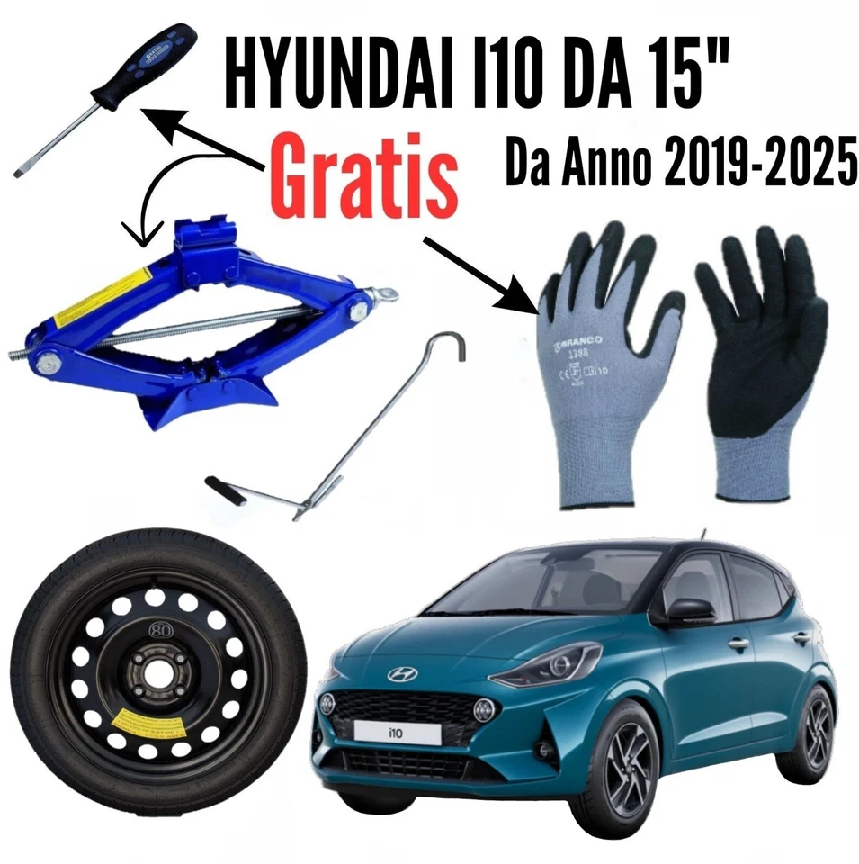 Ruotino Di Scorta 4Fori 15 Per Hyundai i10 Con Kit Cric Crick Guanti Cacciavite