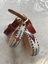 Vintage Hand-Made Retro Native American Style Beaded Leather Belt Gold Buckle