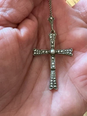Antique Art Deco 1930s Silver 935 Pearl & Marcasite Cross Pendant Chain Necklace - Image 1 of 4