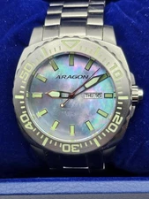 Aragon A154 Mother of Pearl Dial Mens Automatic Watch with Box and Book