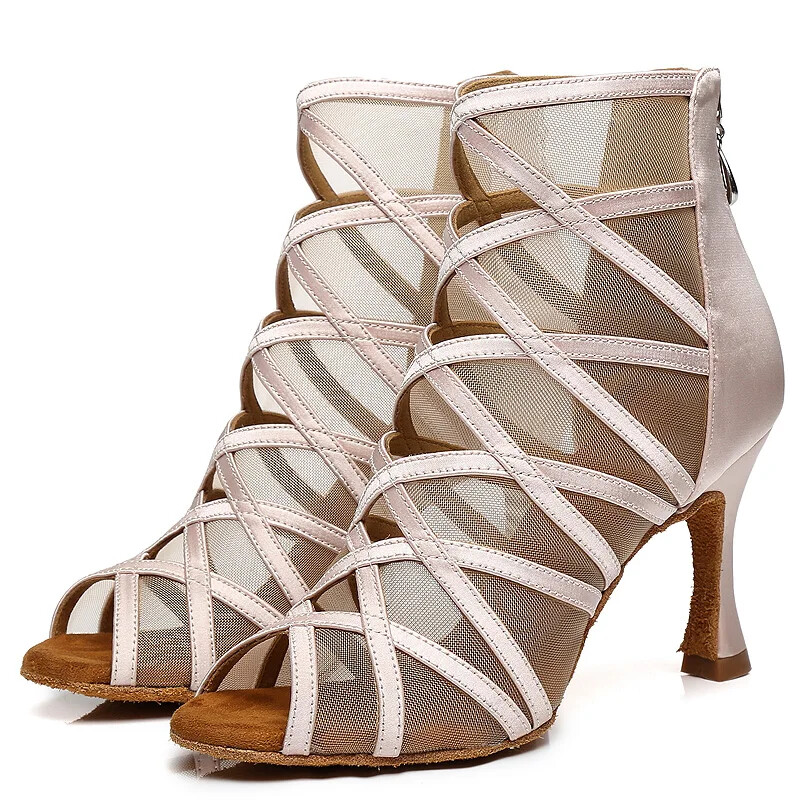 Mujeres Zapatos de Baile de Salsa Niña Fiesta Latina Cuadrado Samba Zapatos Piel Negra Bota Suave