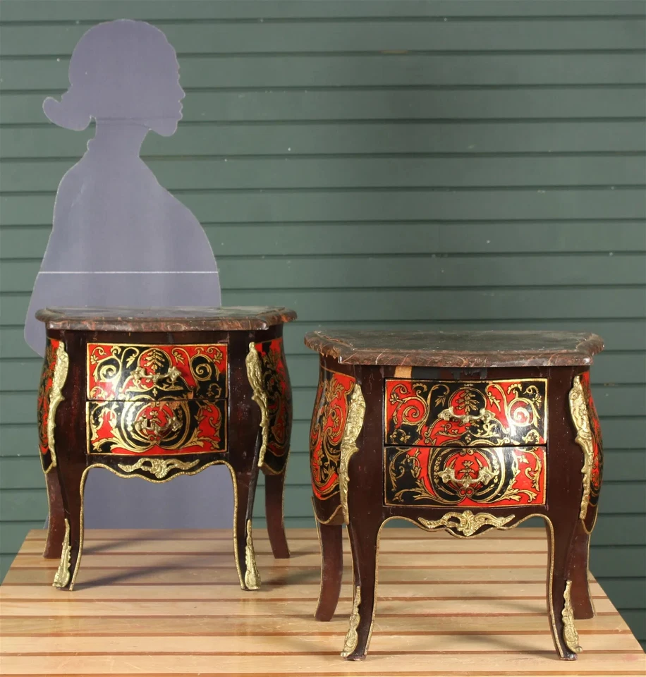 Mesitas de noche, cómodas, par, tapa de mármol, modelo estilo Boulle, diminutivo, vintage Foto 3 de 4