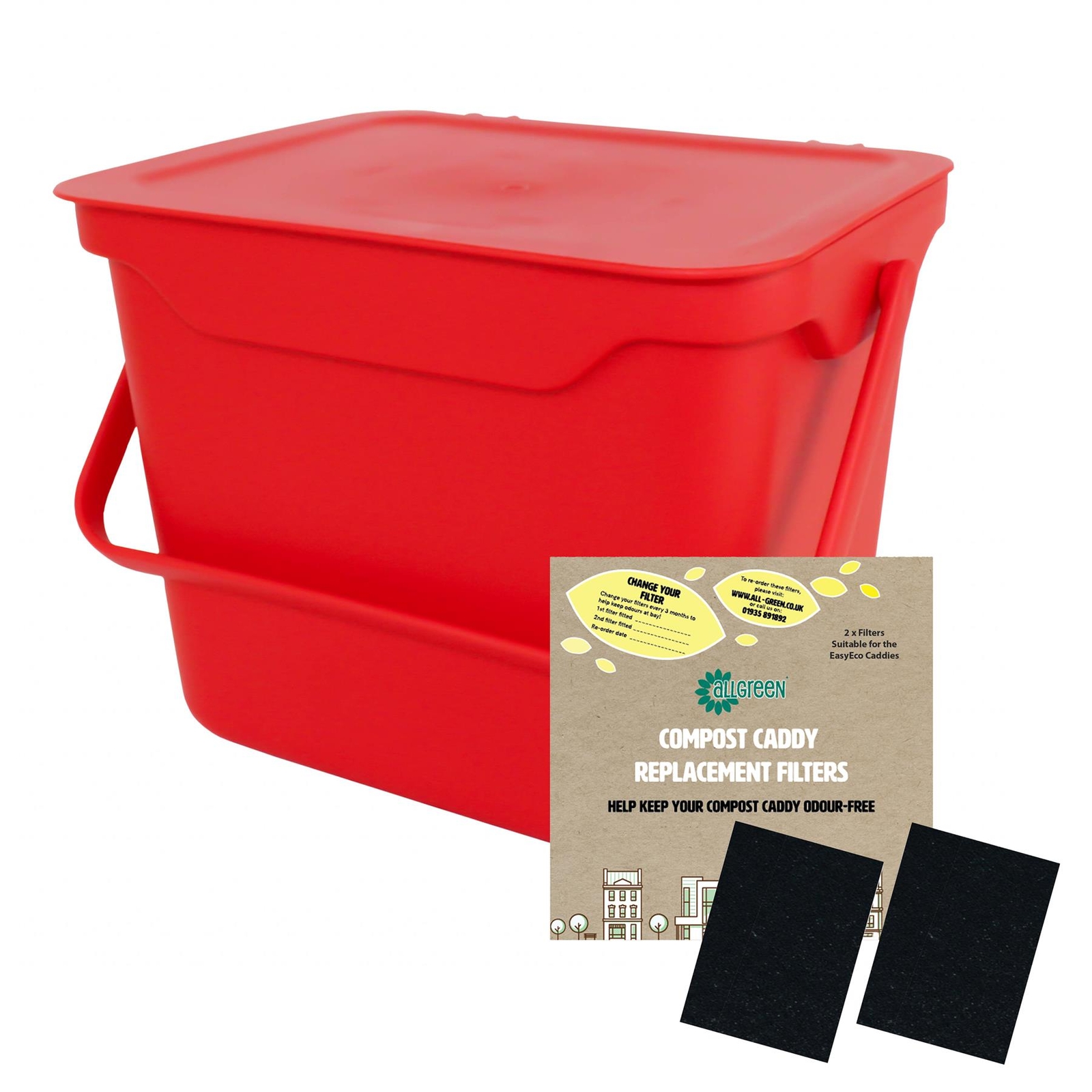 Red 5L Kitchen Compost Caddy/Food Recycling Waste Bin & Filter Pack