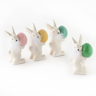Set/4 6'' Spring Ceramic Easter Bunny w/ Glitter Eggs Figurine Vtg Retro Decor