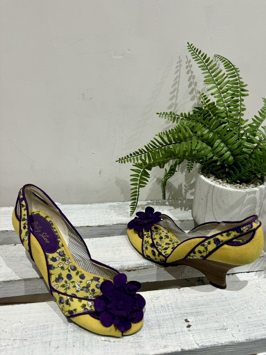 Ruby Shoo Yellow Purple Mix Slip On Flower Peep Toe Wooden Wedge