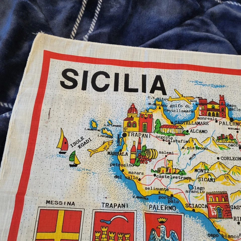 Tapiz topográfico de algodón vintage años 80 SICILIA 30" X 19" Foto 2 de 4