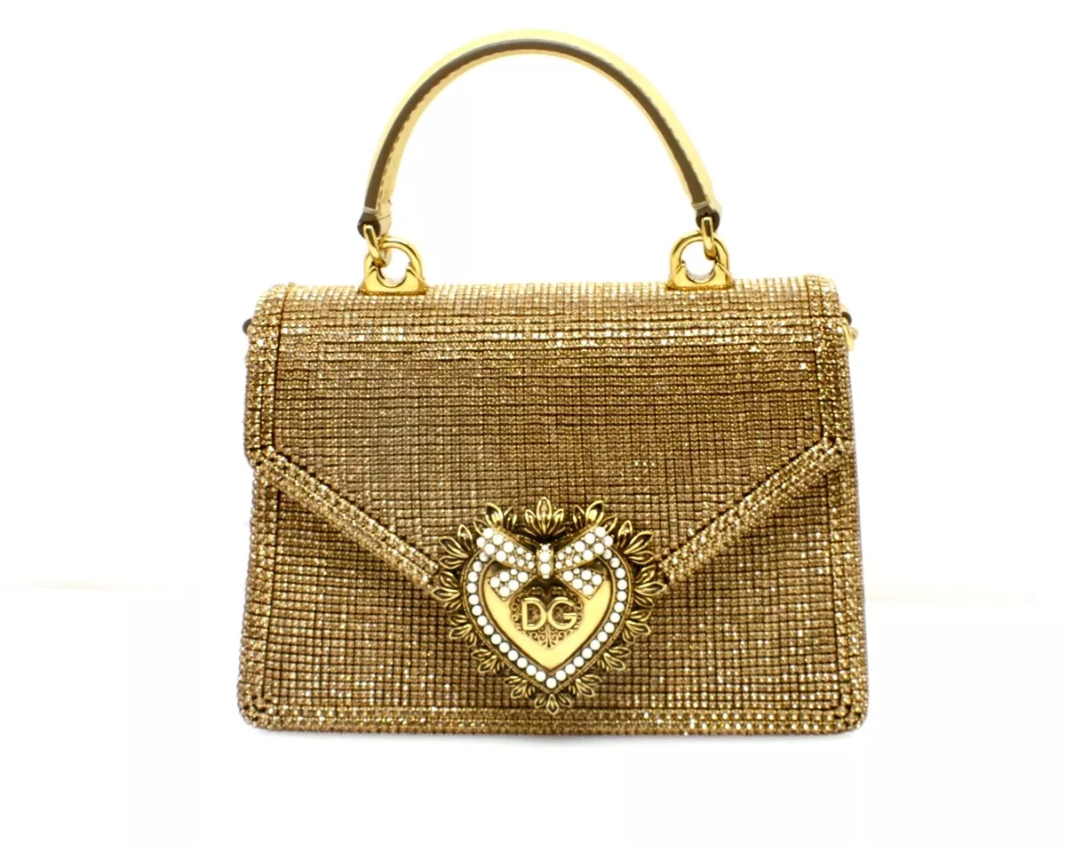 Dolce & Gabbana Devotion Bag In Rhinestone Chain In Gold Color Small