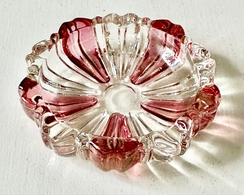 Vintage Anchor Hocking? Old Cafe Striped Cranberry Glass Ashtray/Trinket Dish