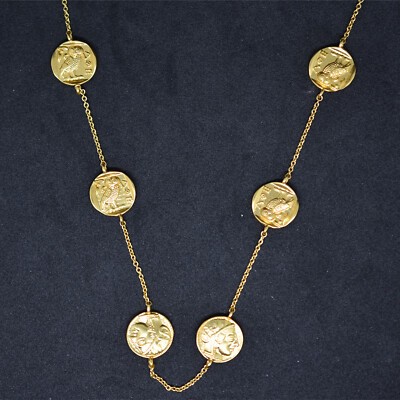 Retro matte gold mini coins Greek mythology Athena /owl portrait sweater chain