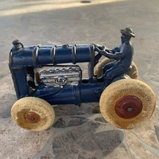 Rare 1920s Arcade 273L Blue Cast Iron Tractor Toy w Driver, Rubber Balloon Tires