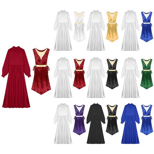 Women Outfits Robe Dress Sides Split Dancewear Festival Choir Long Puff Sleeves - Picture 4 of 129