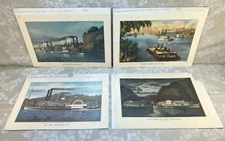4 Currier & Ives Reprod Prints from 1860s to 1870s Lithos Paddle Wheeler Theme