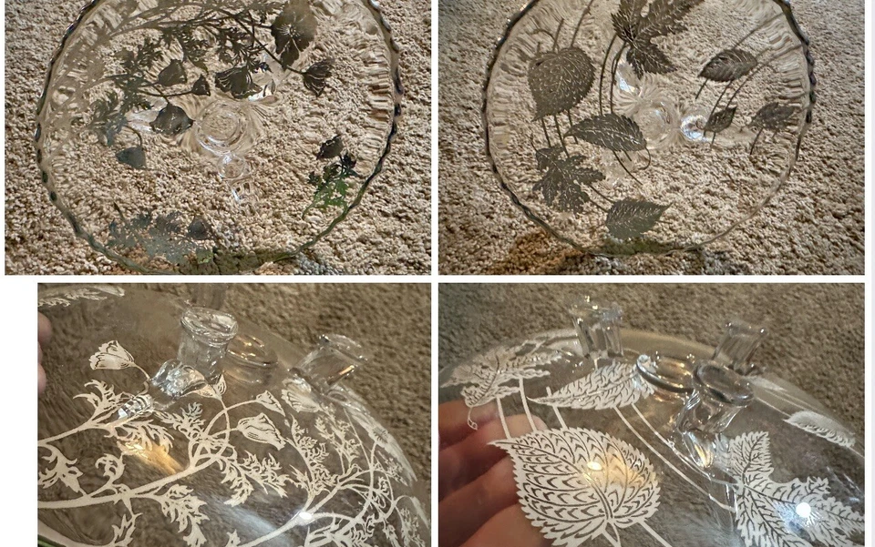 Plato Pedestal de Vidrio Transparente, Grabado Floral Diseño Hoja Soporte para Servir Vintage Foto 2 de 4