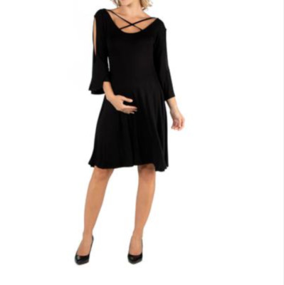 24seven Comfort Apparel Maternity Knee Length Cold Shoulder Dress - Black L