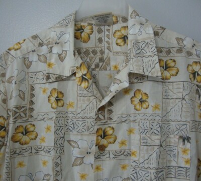 Maui Trading Co. Hawaiian Aloha Shirt Men's XL Tan Tapa Yellow Hibiscus Floral