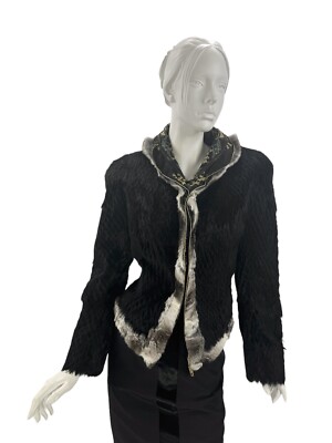 2004 Vintage Roberto Cavalli Black Lapin & Chinchilla Fur Silk Corset Jacket