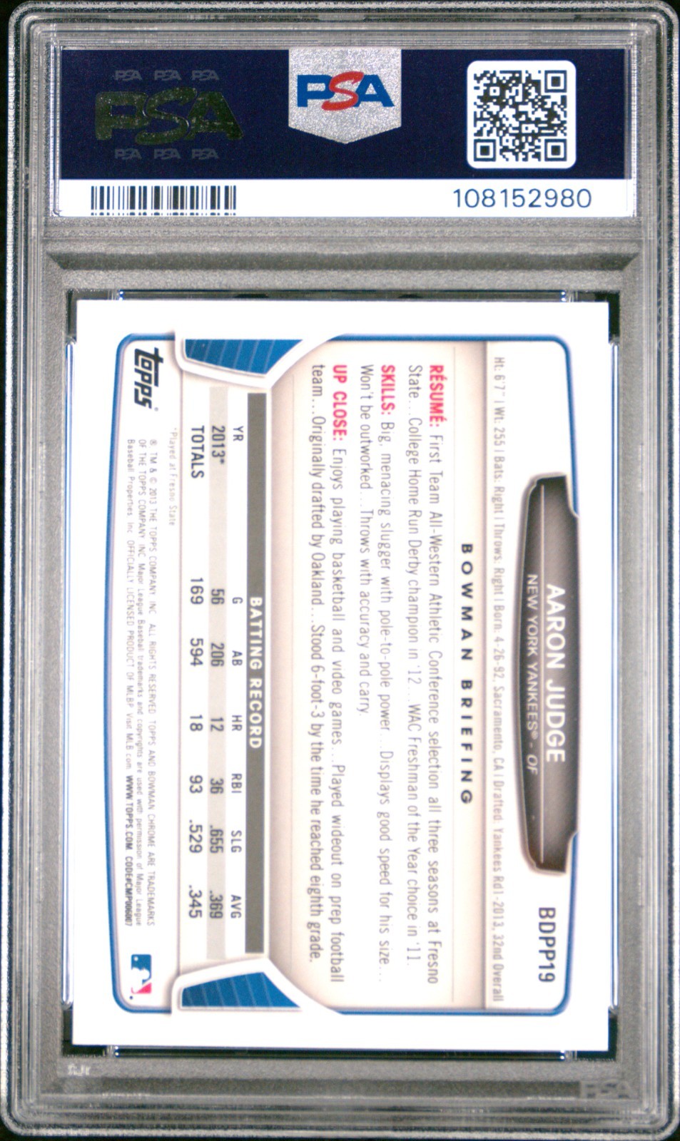 2013 Bowman Chrome Aaron Judge #BDPP19 PSA 10 Draft Picks & Prospects ROOKIE RC view 2