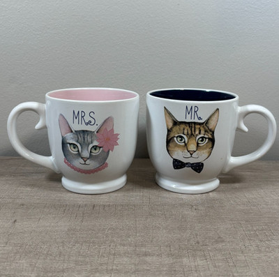 Mr & Mrs Kitty Coffee Mug Set Cat Lovers Bride Groom Couples Tea Wedding