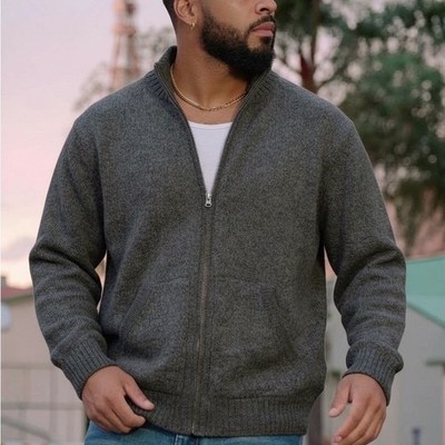 Peruvian Soul Baby Alpaca Cardigan Sweater Men XL Full Zip Mock Neck Charcoal
