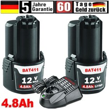 2X BAT411 Akku Für Bosch GBA 12V 4.8Ah Li-ion GSR GDR GSA BAT412 GWI 2607336014
