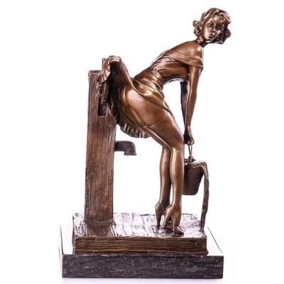 Bronze Sculpture Woman at Fountain on Marble Pedestal after Nick