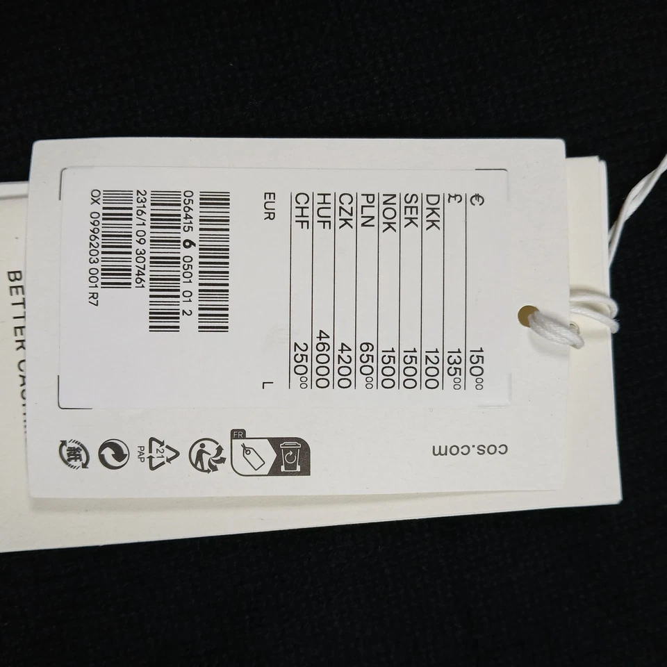 COS Sweater Mens L 100% Cashmere Black Crewneck Pullover Raglan New With Tags - Image 3 of 4