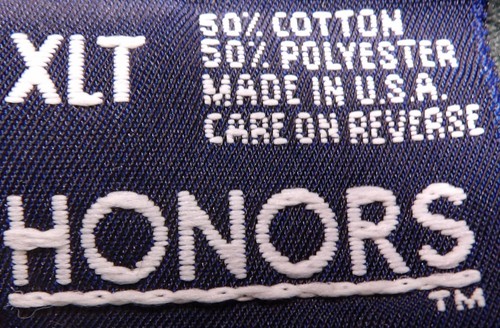 White VTG Honors XLT men’s gray pocket tee with black thread, front pocket, and “50% cotton 50% polyester made in U.S.A.” label.