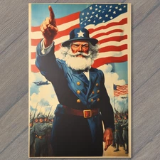 POSTCARD Uncle Sam Military Salute USA Flag Planes Soldiers Patriotic Red Blue S