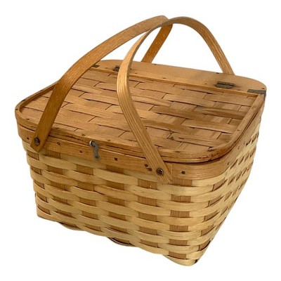 Vintage Picnic Basket Double Handle Woven Splint  Wood, Hinged Lid W/Stand