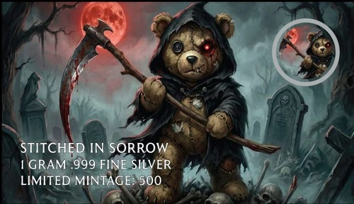 Hayleybug Mint Stitched in Sorrow Teddy 1 Gram .999 Silver round