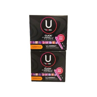 2 Pack U by Kotex Click Compact Tampons, Super Plus, Unscented, 32 Count Total