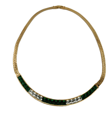 Vintage 1980er Givenchy goldfarbene Kristall grüne & klare Edelsteine Halskette