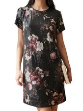 London Times Women's 8P Cocktail Shift Dress Black Burgundy Floral Sequins NEW