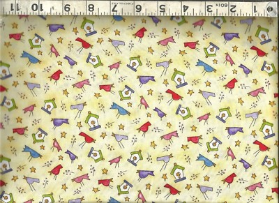 Red Rooster ~ Birds & Houses Mini Print on Yellow ~ 100% Cotton Quilt Fabric BTY