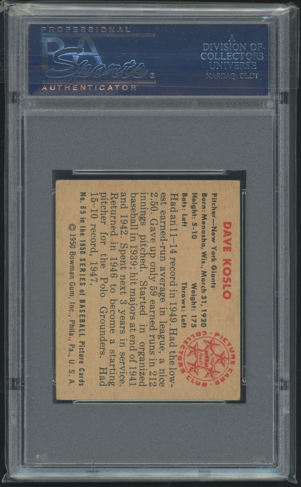 1950 Bowman 65 Dave Koslo New York Giants Vintage PSA 5 Vintage Baseball Card view 3