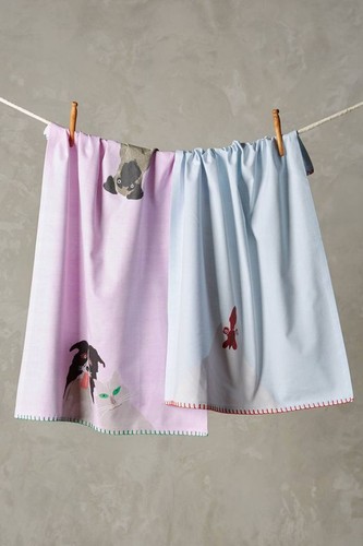 Anthropologie Dishtowel FARM CAT DOGS NO 7 Holly Frean Embroidered Pink NWT - Picture 3 of 3