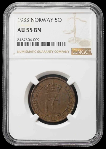 Norway 1933 5 Ore Haakon VII Key Date Lowest Mintage: 300,000 NGC AU 55 BN Km368