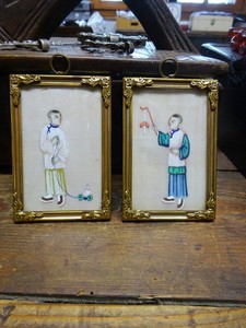 Pair of Antique Chinese Children Toys Miniature Court Paintings in Brass Frames