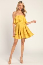 Lulus True Lover Mustard Yellow Burnout Floral Strapless Mini Dress Small
