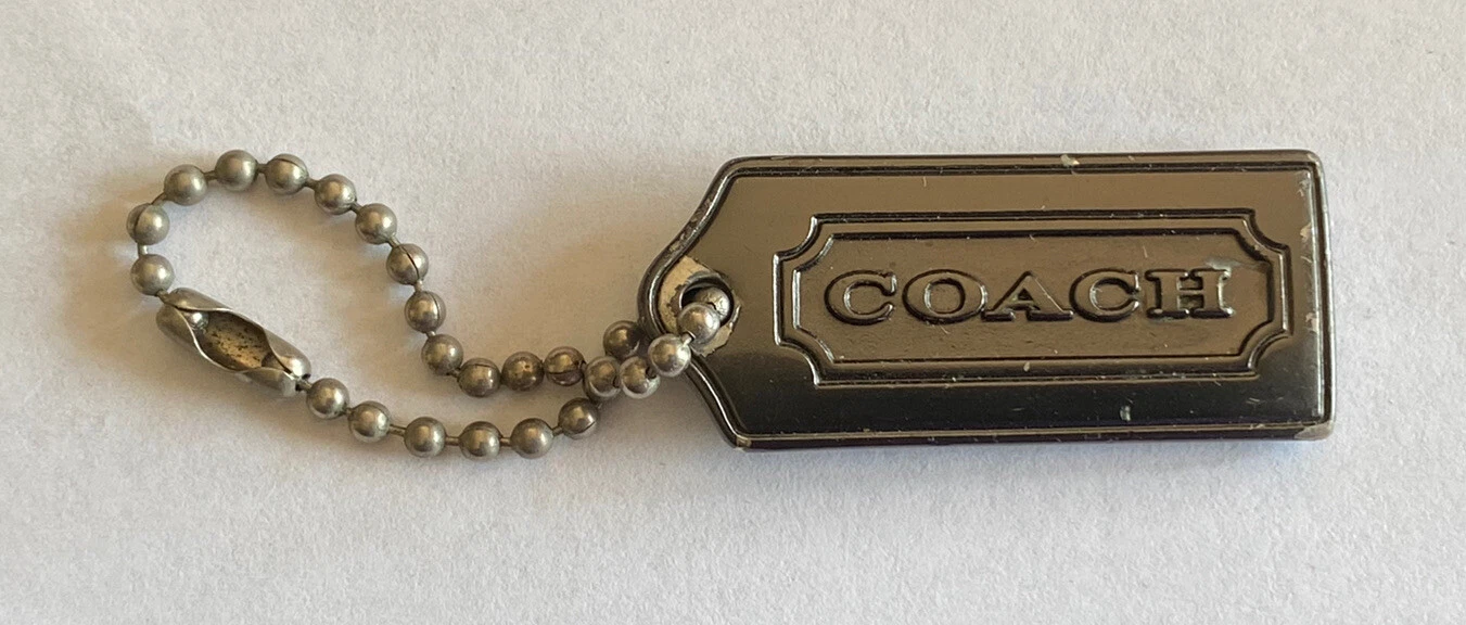 Etichetta da appendere vintage COACH grande spessa pesante metallo argento smaltato firma classica