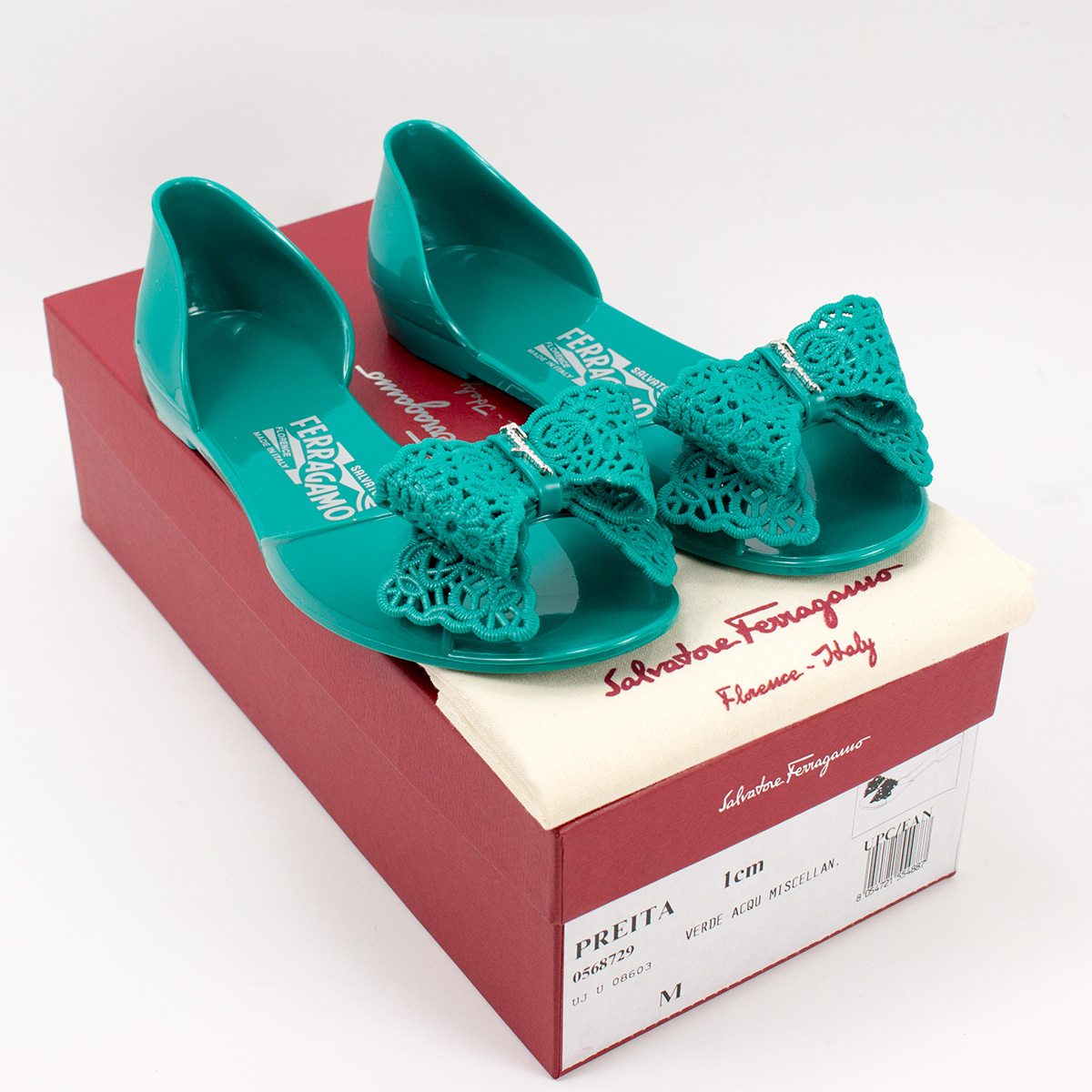 NIB Salvatore Ferragamo Preita Lace-Bow Jelly Flat Sandals - Italy