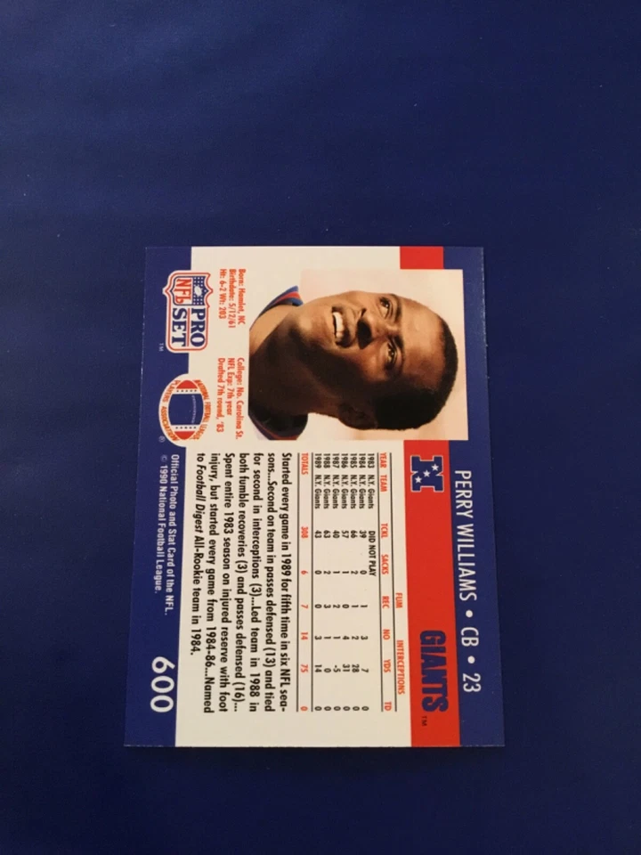 1990 Pro Set # 600 PERRY WILLIAMS New York Giants Look MINT - Image 2 of 2