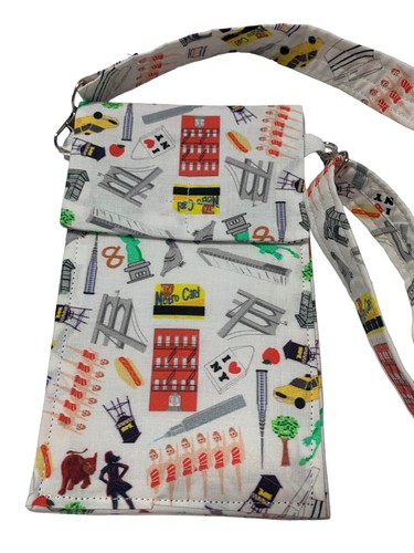 Cell Phone Hands Free Cross Body Bag Cotton NYC Themed Print Hand Made NWT - 第 5/6 張圖片