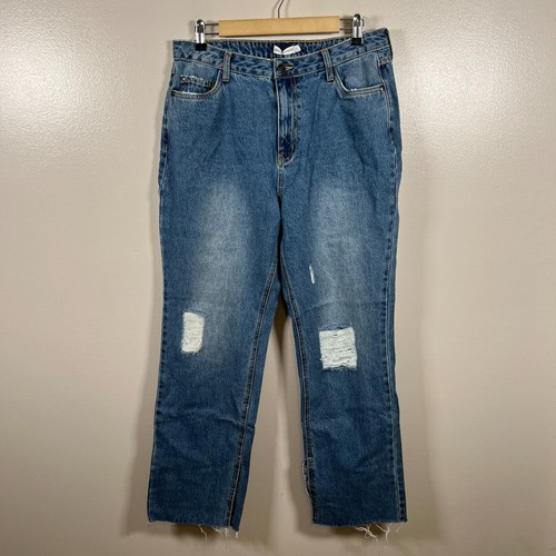 Avec Les Filles High Rise Straight Leg Jeans Size 31 Distressed Split Raw Hem