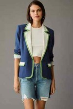Anthropologie Maeve Colorblock Women Blazer Size S Navy Button Up Long Sleeve!