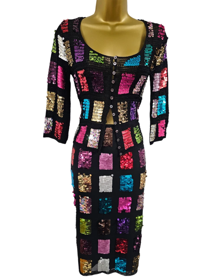 UK 10 Karen Millen Vintage Black Sequin Mesh Pencil Skirt & Crochet Cardigan Set - Image 2 of 4